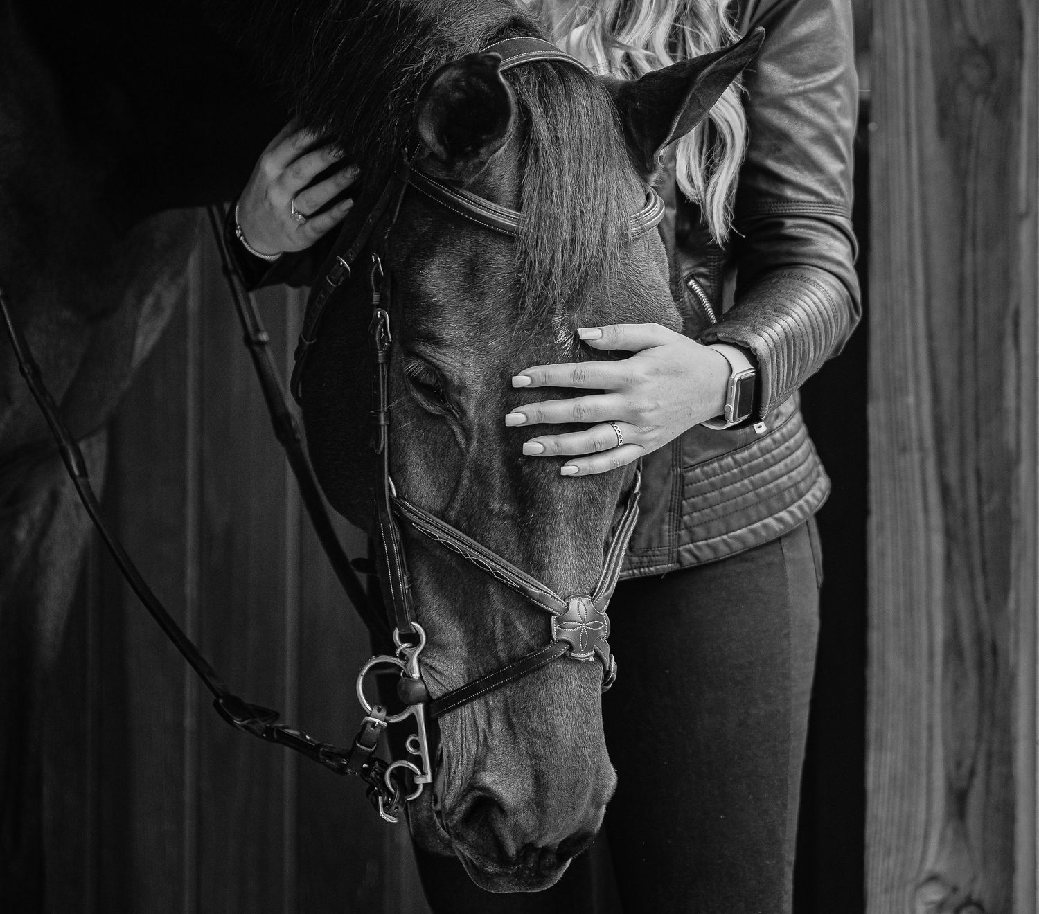Black and white stable portraits of horse and handler showing intimate connection.
