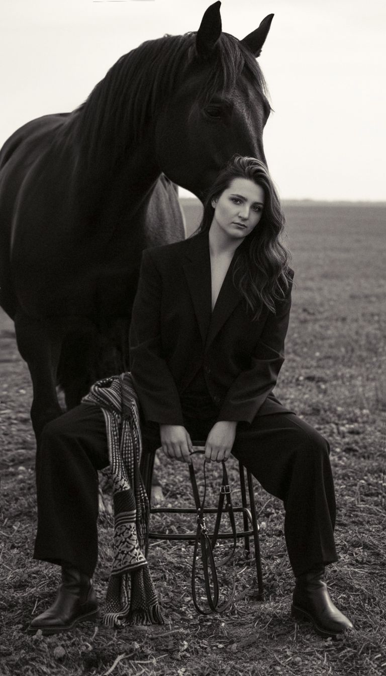 Moody black and white portraits featuring a dark horse and figure in a field.
