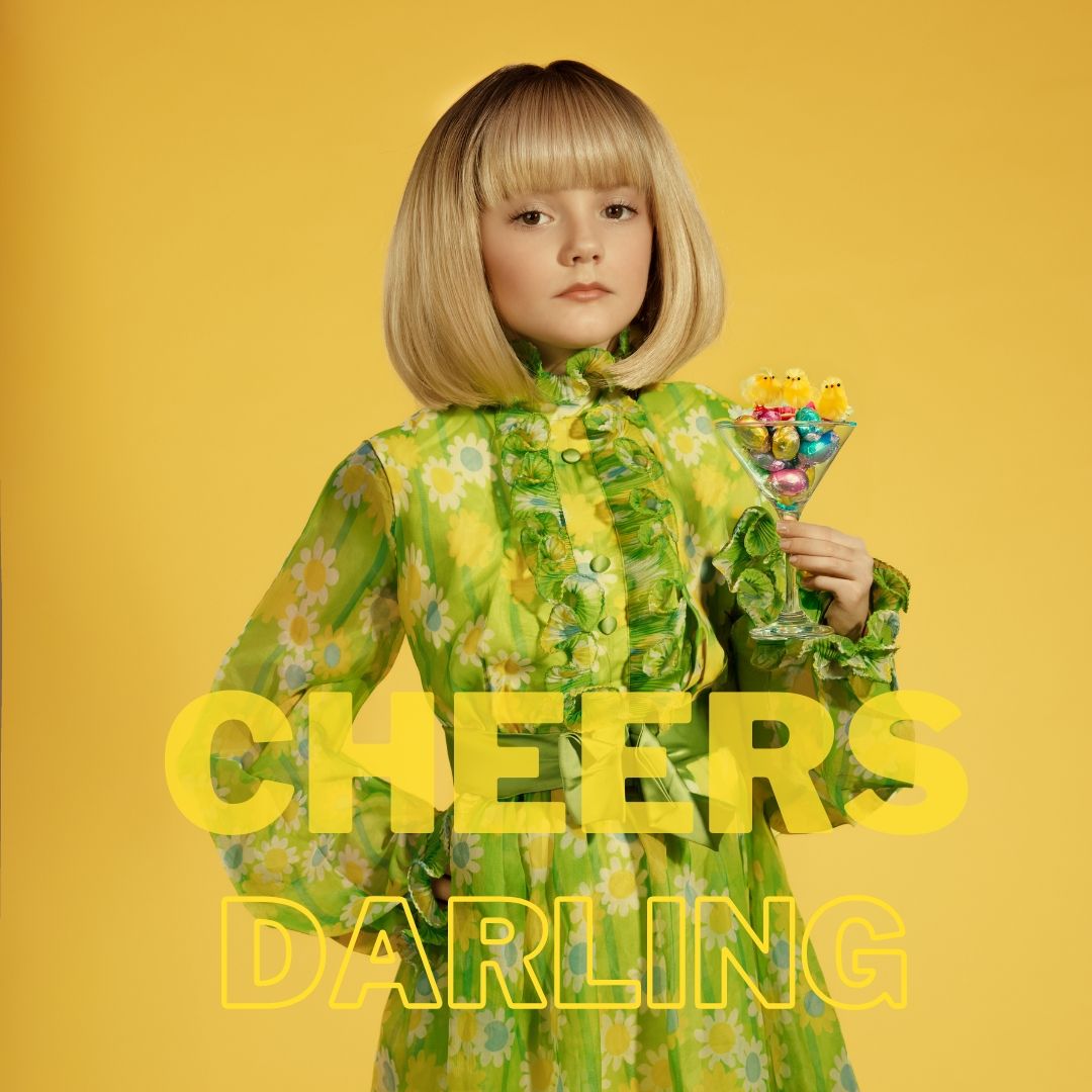 Retro-inspired portrait in lime green dress with text overlay against yellow background.
