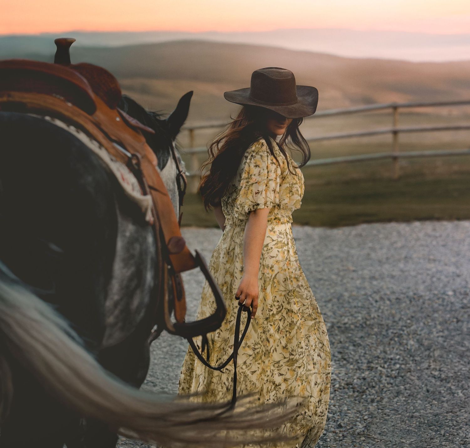 Western saddle and flowing dress details captured against warm sunset lighting.