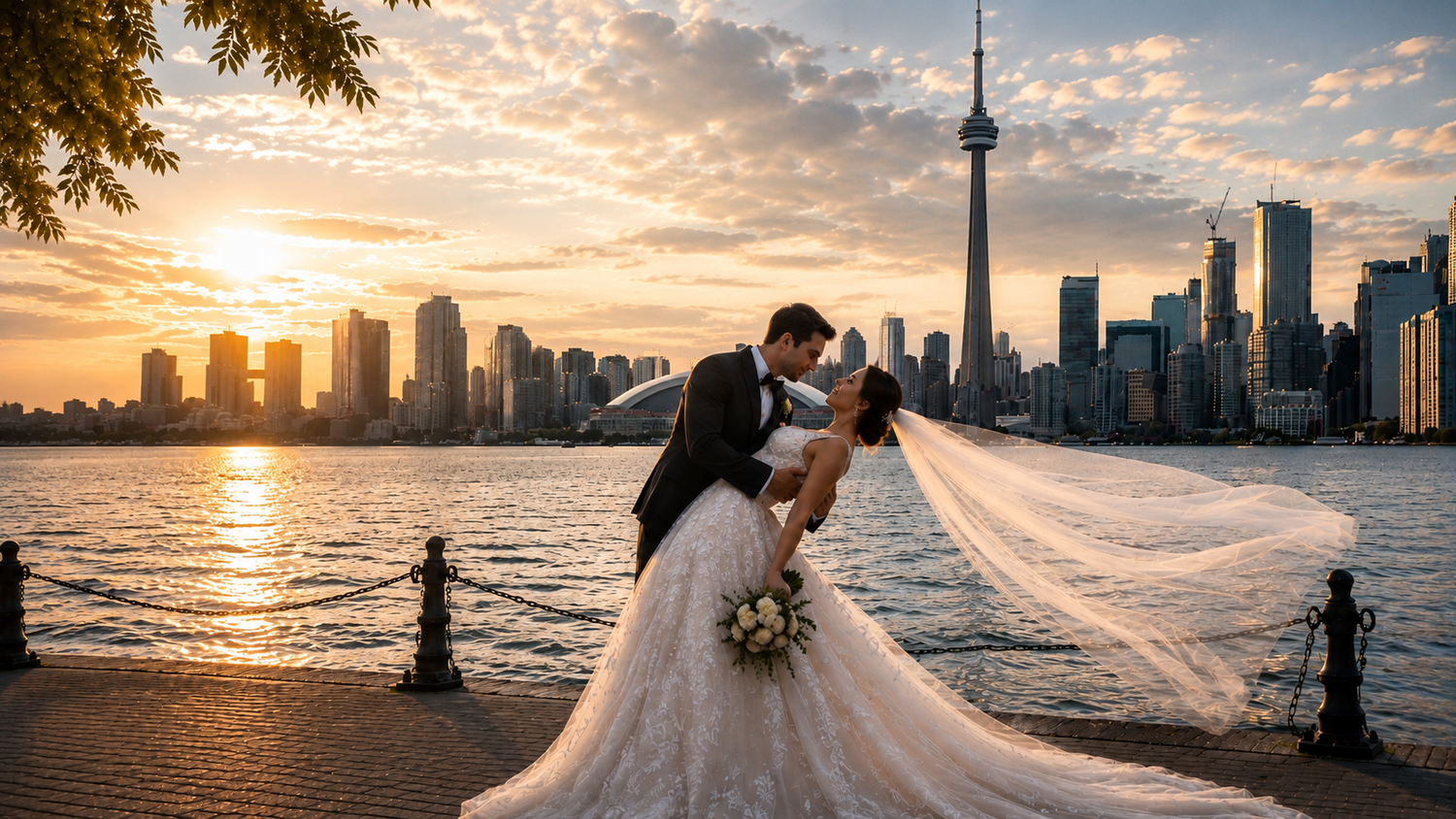 Couple shares romantic dip kiss at sunset with Toronto skyline and CN Tower behind them.