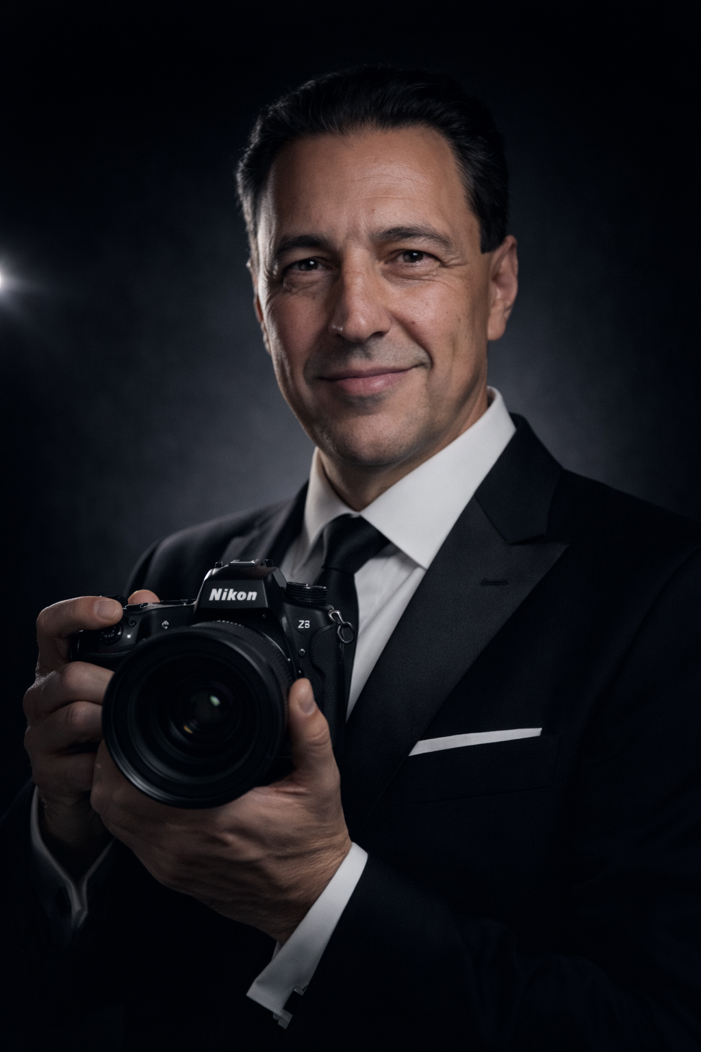 George Varvarigos, Toronto wedding and Greek Orthodox baptism photographer, holding a Nikon Z8 camera.