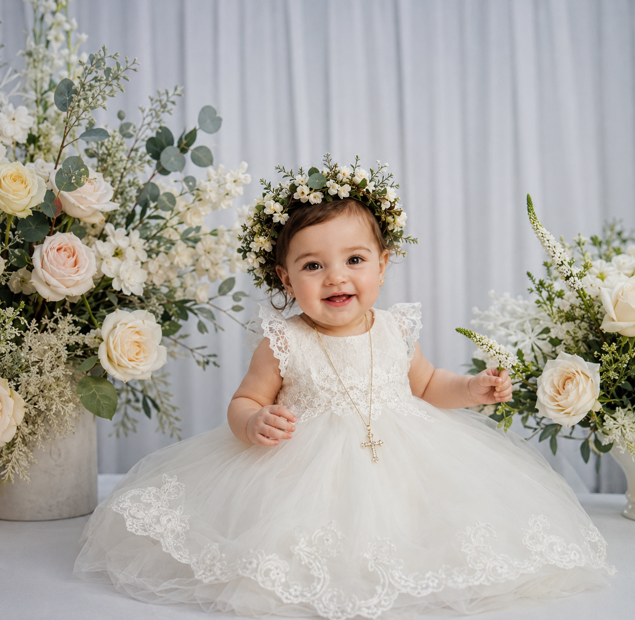 Baby girl in white lace dress and floral crown smiles at baptism, surrounded by elegant cream roses and greenery.