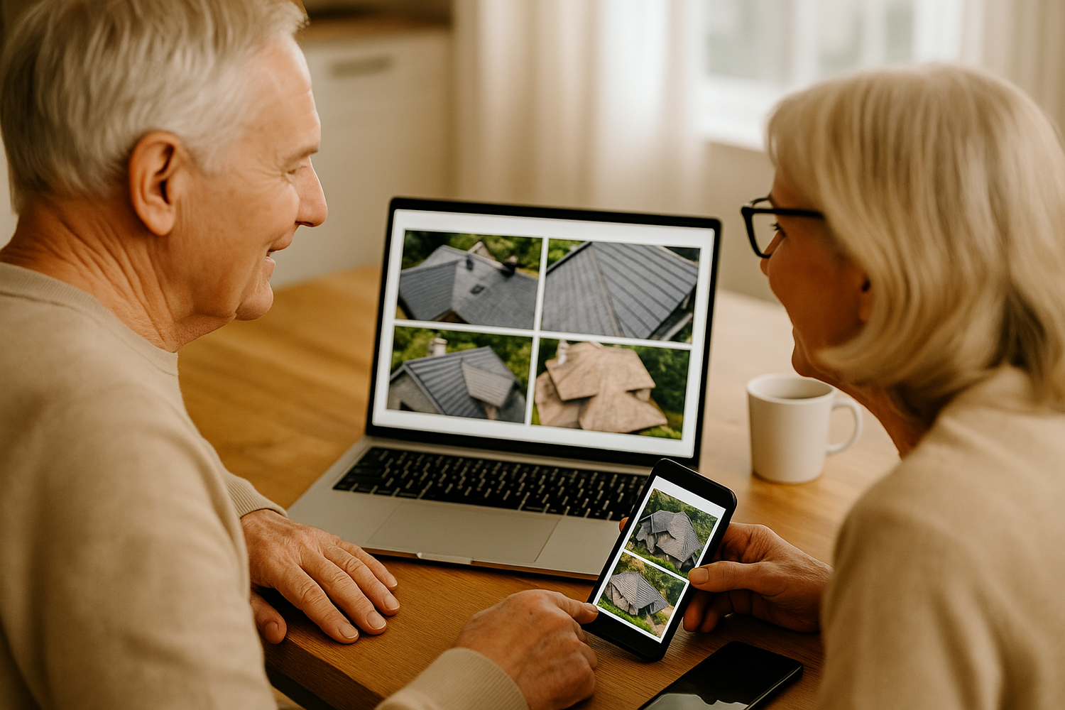 Two people sit together at a desk viewing photos on a laptop computer in a warmly lit room.