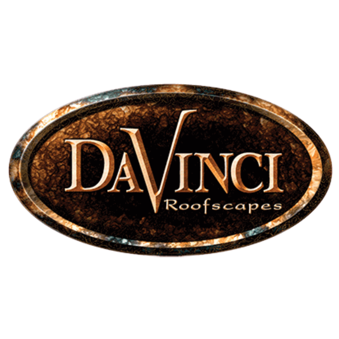 Collection of vintage-style DaVinci Roofscapes brand logos with rustic textures.