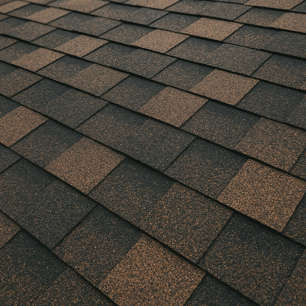 Close-up view of brown dimensional asphalt shingles in a staggered pattern.