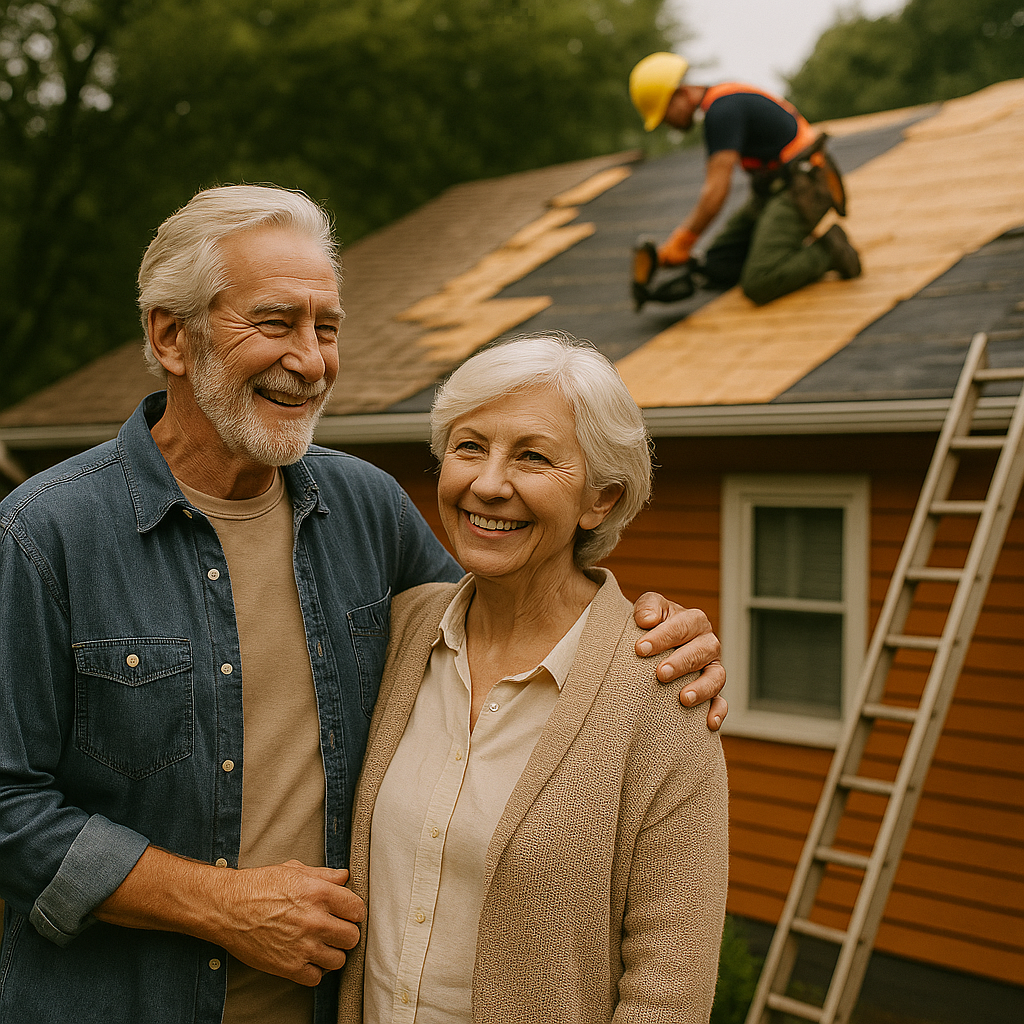 Senior couple laughing together outside a house with construction work happening on the roof in warm lighting.
