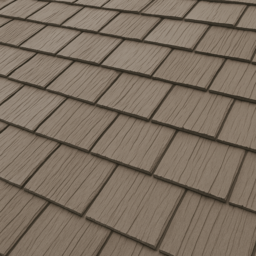 Synthetic shake roofing in beige color showing uniform textured pattern.