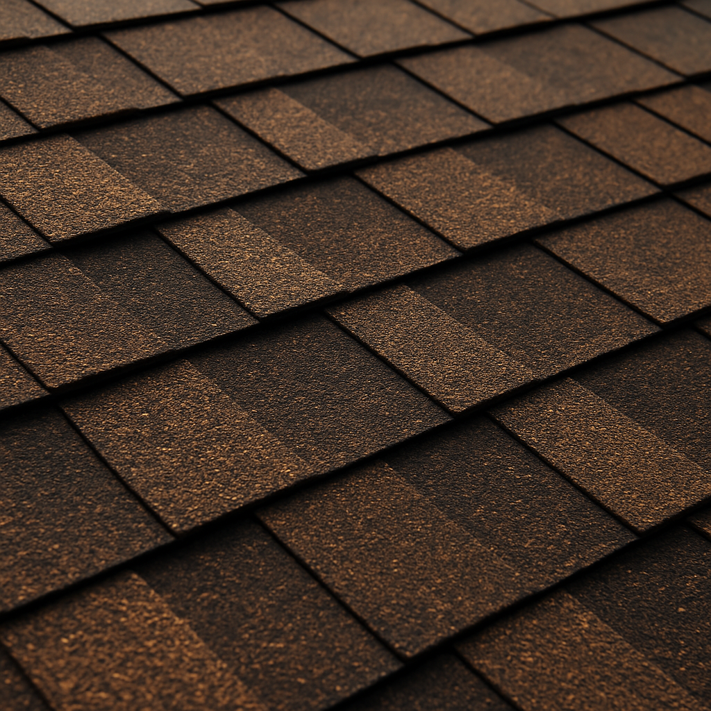Brown asphalt shingles arranged in overlapping rows on a residential roof.