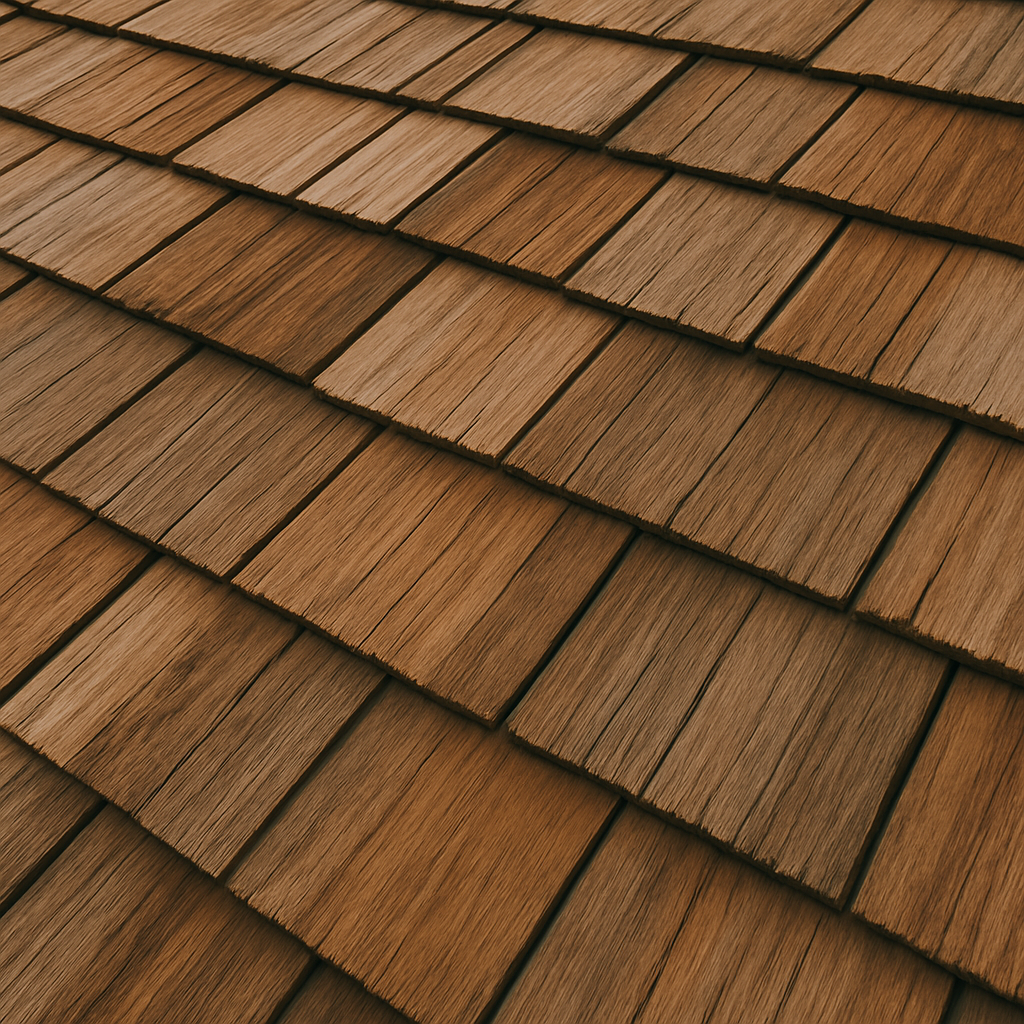 Cedar shake roofing tiles in warm brown tones arranged in overlapping rows.