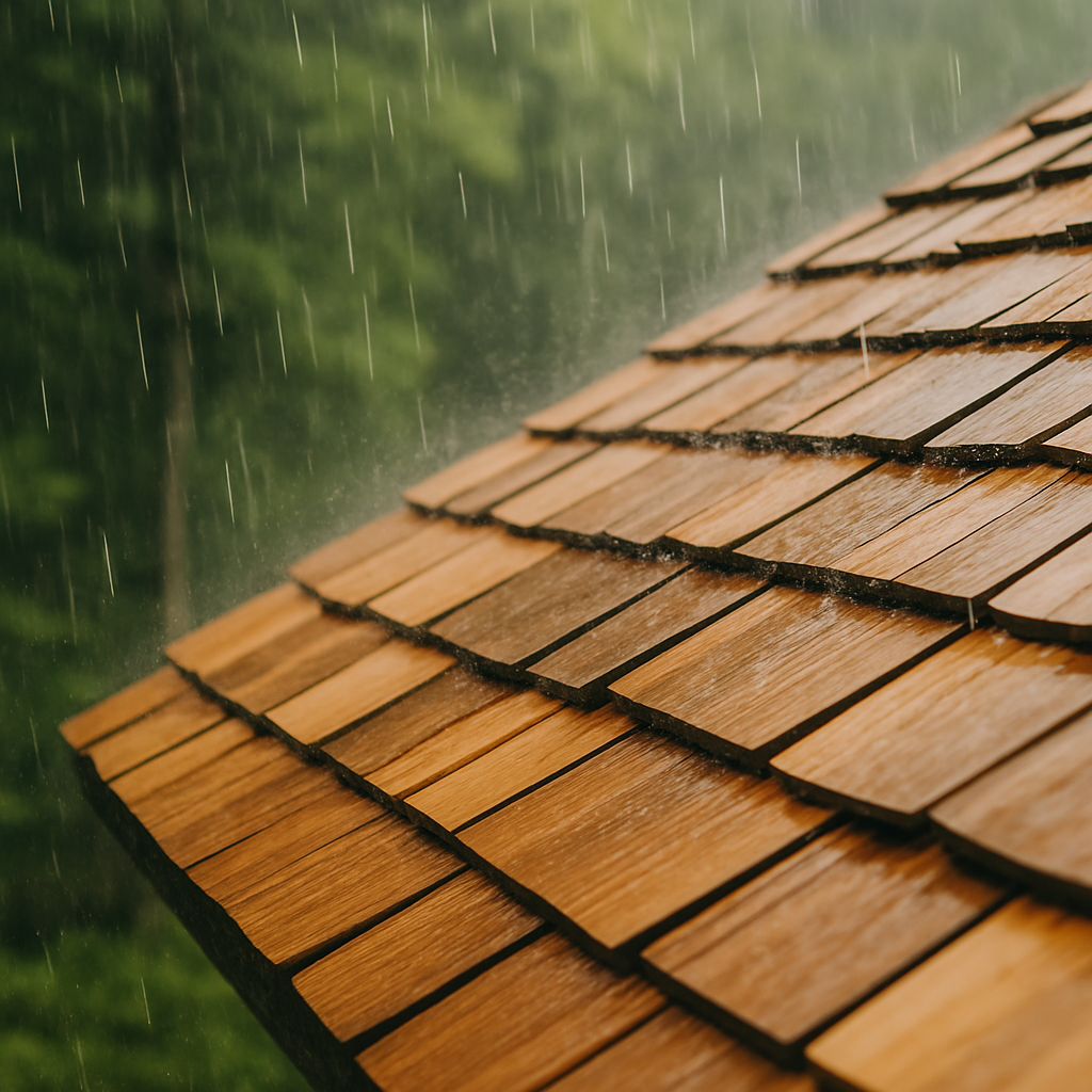 Rain falling on wooden cedar shake roof shingles with natural wood grain texture.