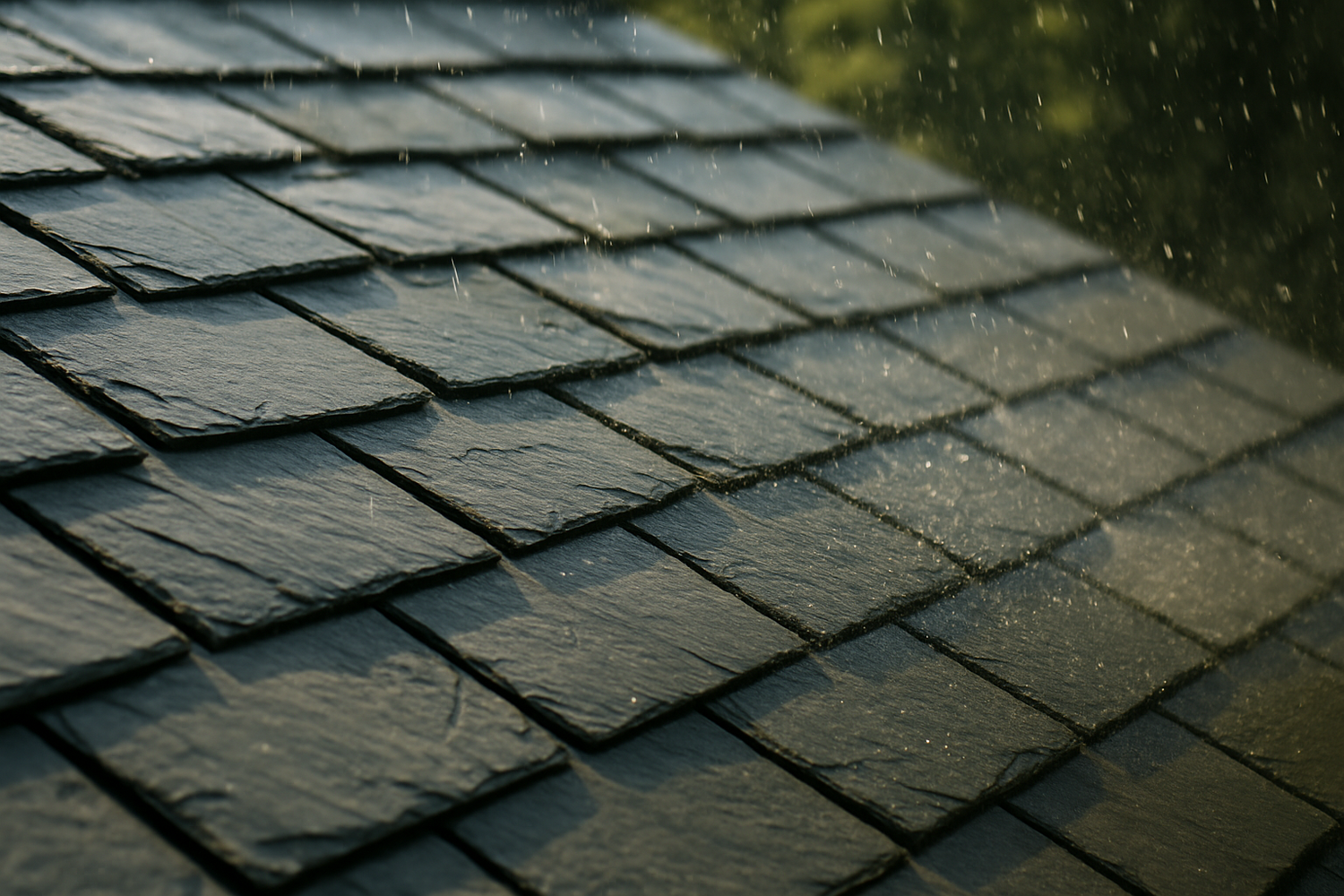 Rain falling on dark slate roof shingles creating a moody atmospheric scene.