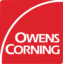 Owens Corning logo featuring bold white text on a red square background with a curved design element.