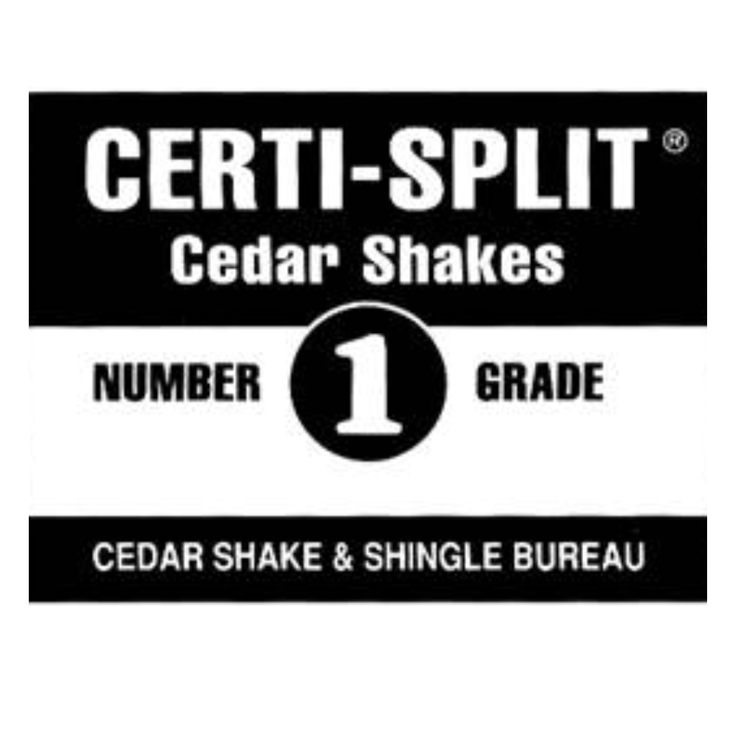 Certi-Split and Cedar Shake & Shingle Bureau certification logos in black and white.