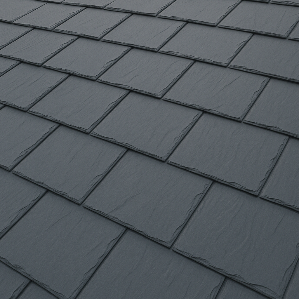 Dark gray synthetic slate roofing tiles installed in overlapping pattern.