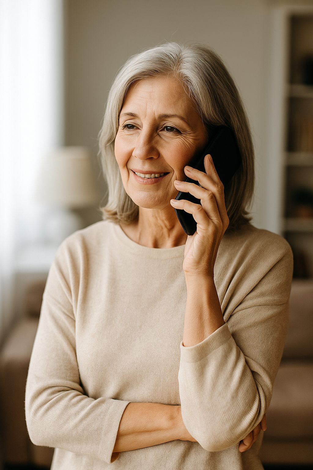 Senior woman in beige sweater talking on phone at home.
