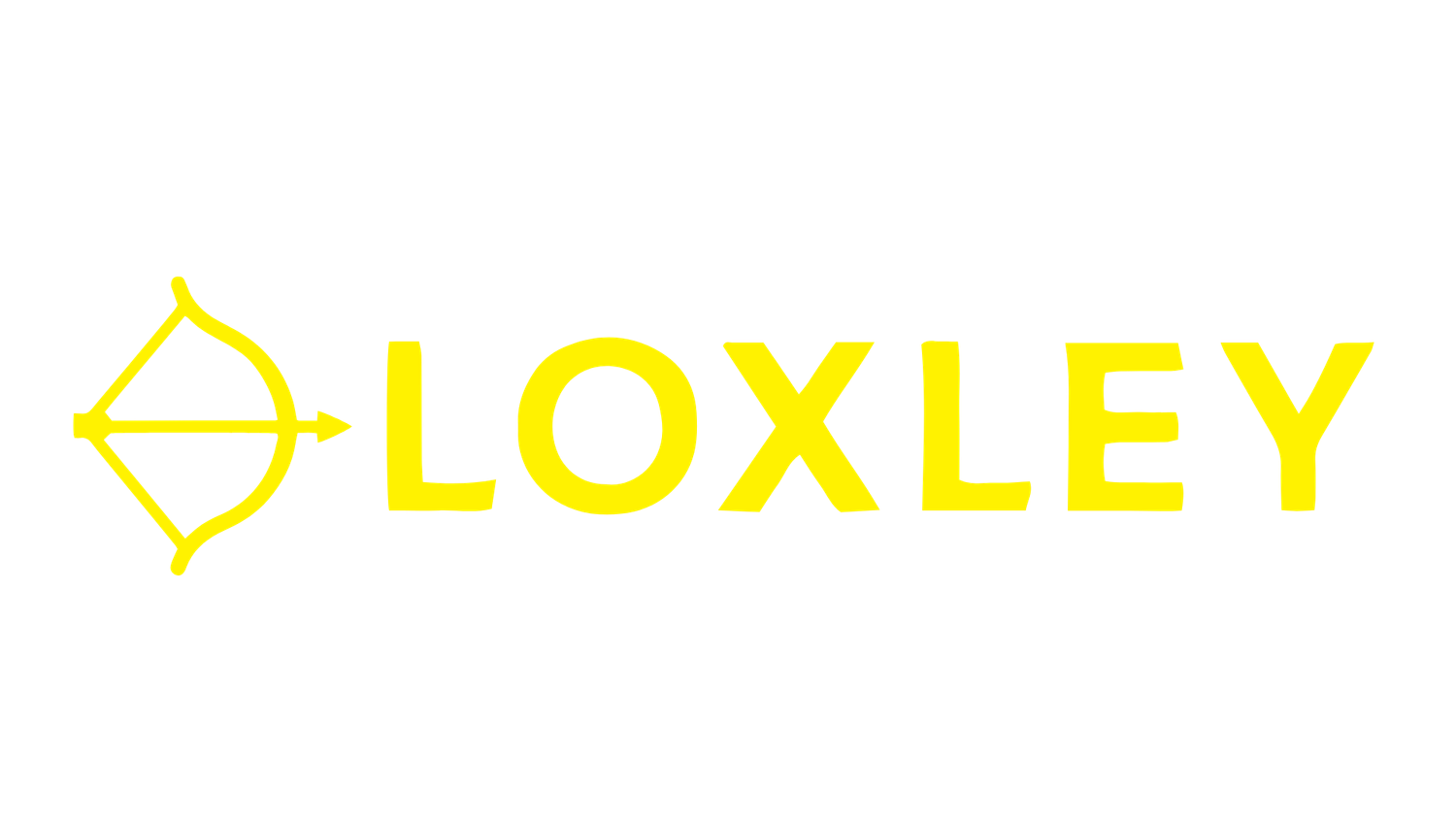 Loxley brand logo featuring bold yellow text and an archery bow icon on a white background.