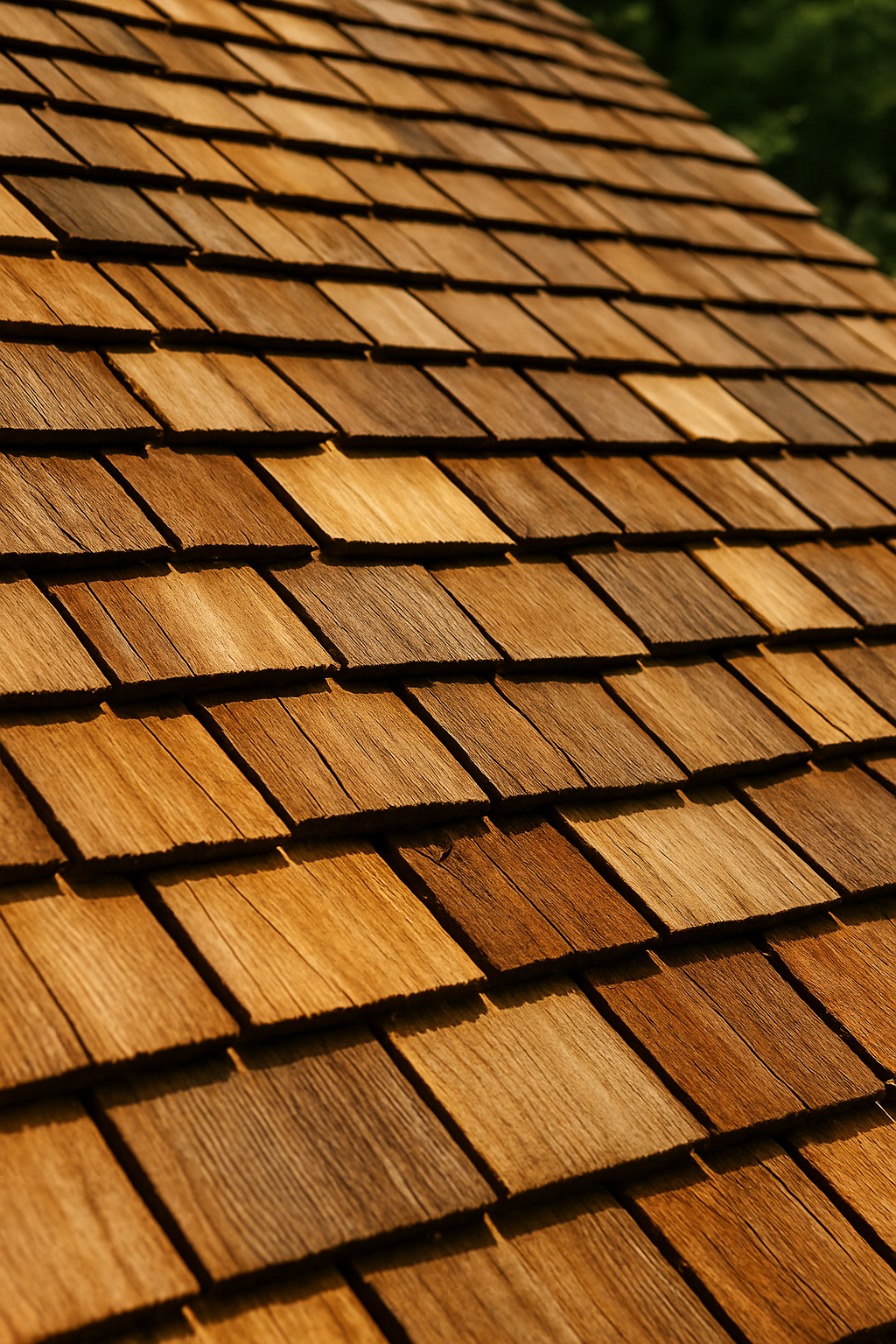 Cedar shake roof shingles showing natural wood grain and overlapping pattern.
