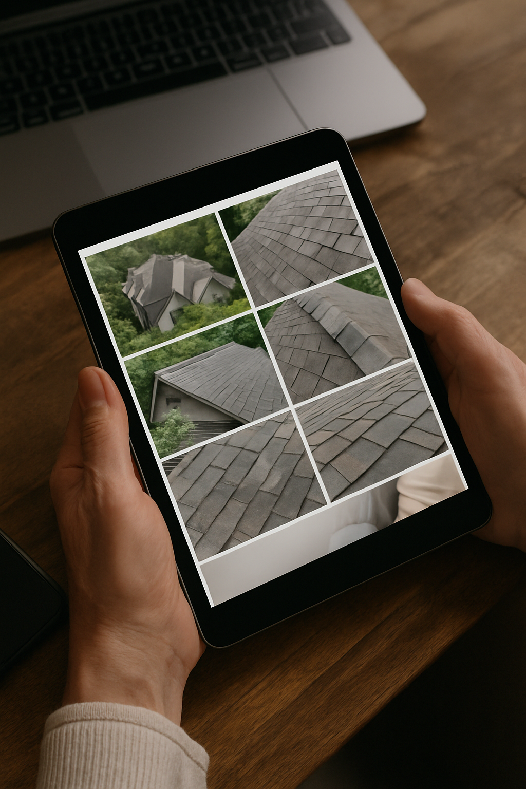 Hands holding mobile device displaying roofing inspection photos on wooden surface.