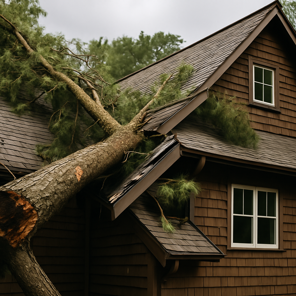 Sequence showing fallen tree damage to a brown shingled house roof.