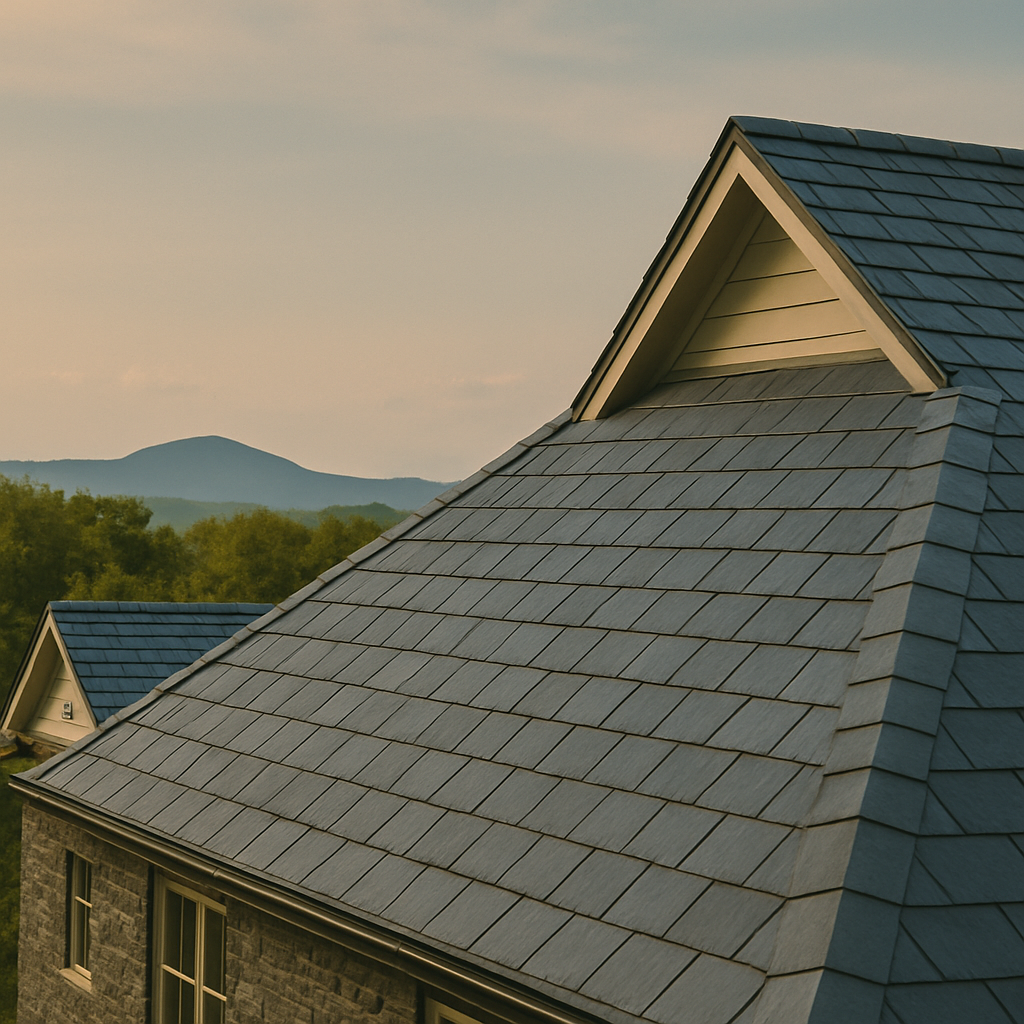 Modern gray slate roof with steep angles against mountain backdrop during golden hour sunset.