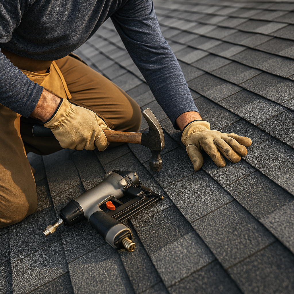 Close-up sequence showing hands installing roofing shingles with tools.