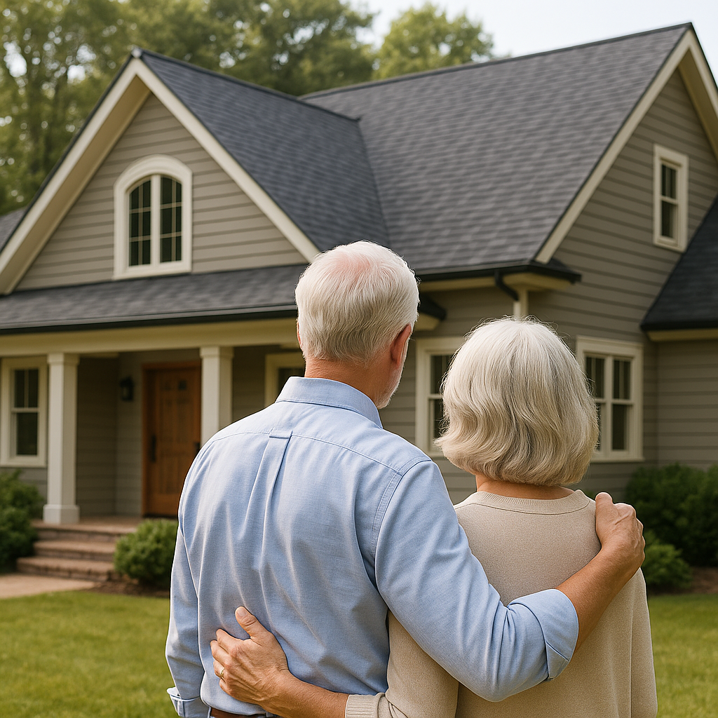 Elderly couple admiring suburban homes while walking through their neighborhood.