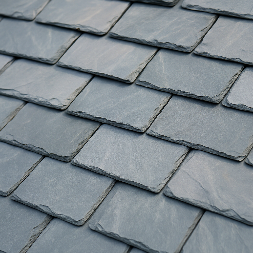 Gray slate roofing tiles creating a textured pattern in natural light.
