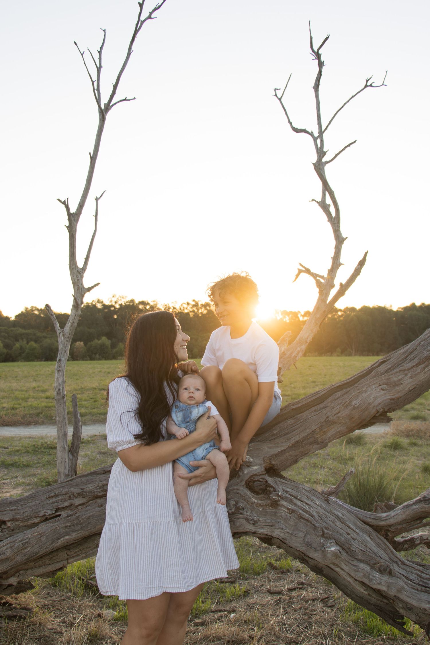Family laughing together in a field at sunset during a candid family photography session.