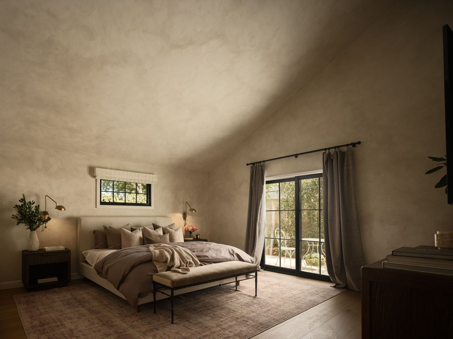La Jolla bedroom interior photography with limewash walls, soft natural light, neutral decor and luxury design for real estate and designers