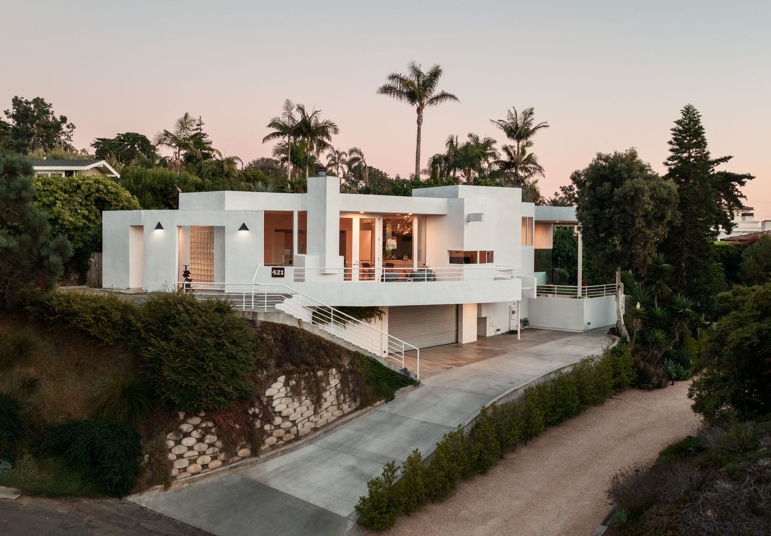 Sunset aerial of 421 Serpentine in Del Mar, real estate photography san diego highlighting modern coastal architecture.