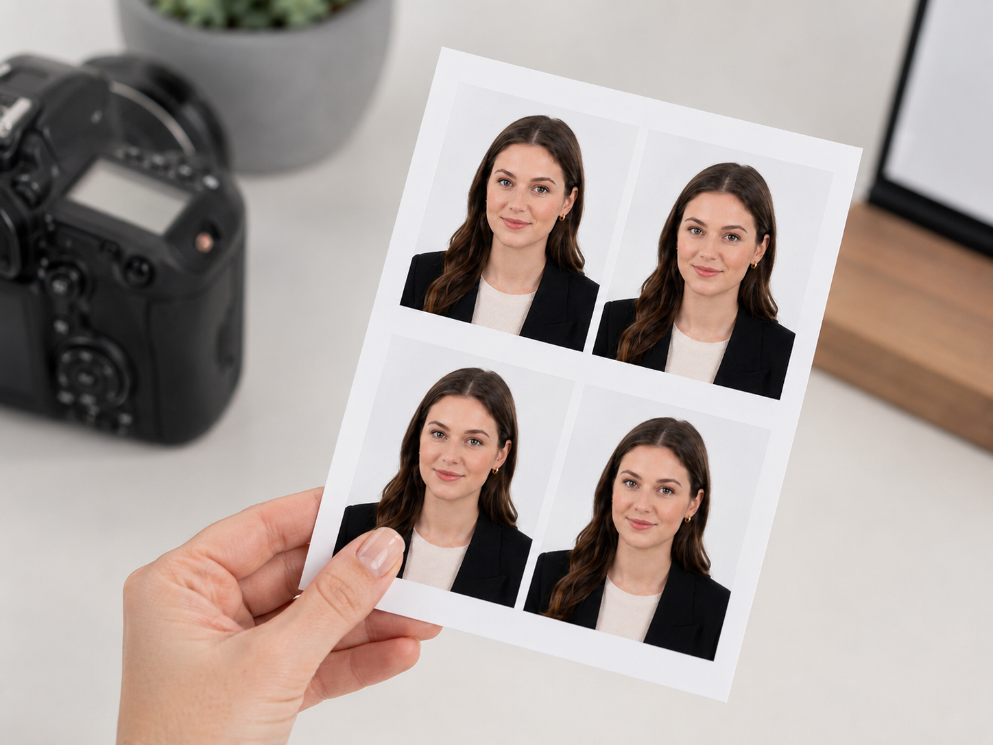 Hand holding a printed sheet of four passport photos of a young woman in a black blazer, with a camera in the background.