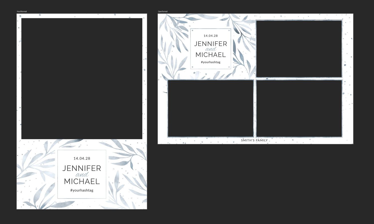 Elegant wedding photo booth template with blue botanical leaf design featuring Jennifer and Michael names.