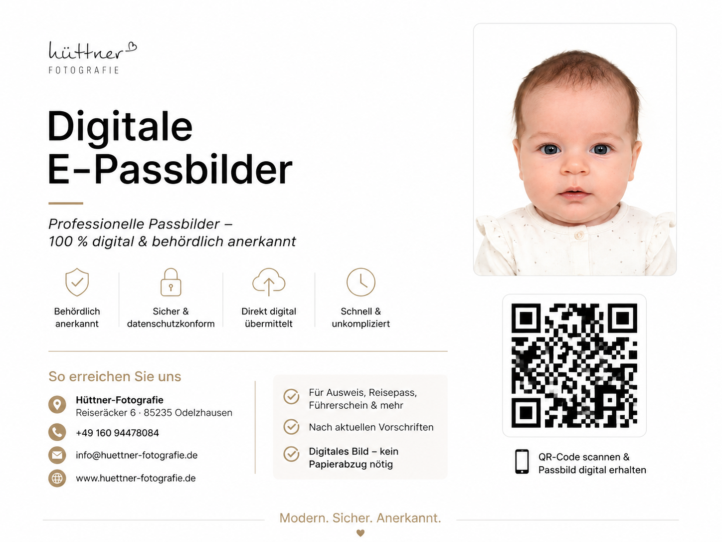 German photography studio flyer advertising digital passport photos for babies, featuring a cute infant and QR code for easy ordering.