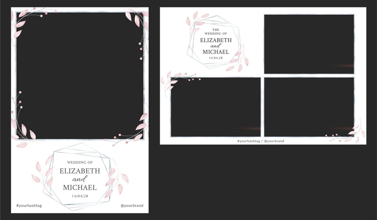 Black wedding photo booth template with pink floral accents featuring Elizabeth and Michael names in elegant typography.