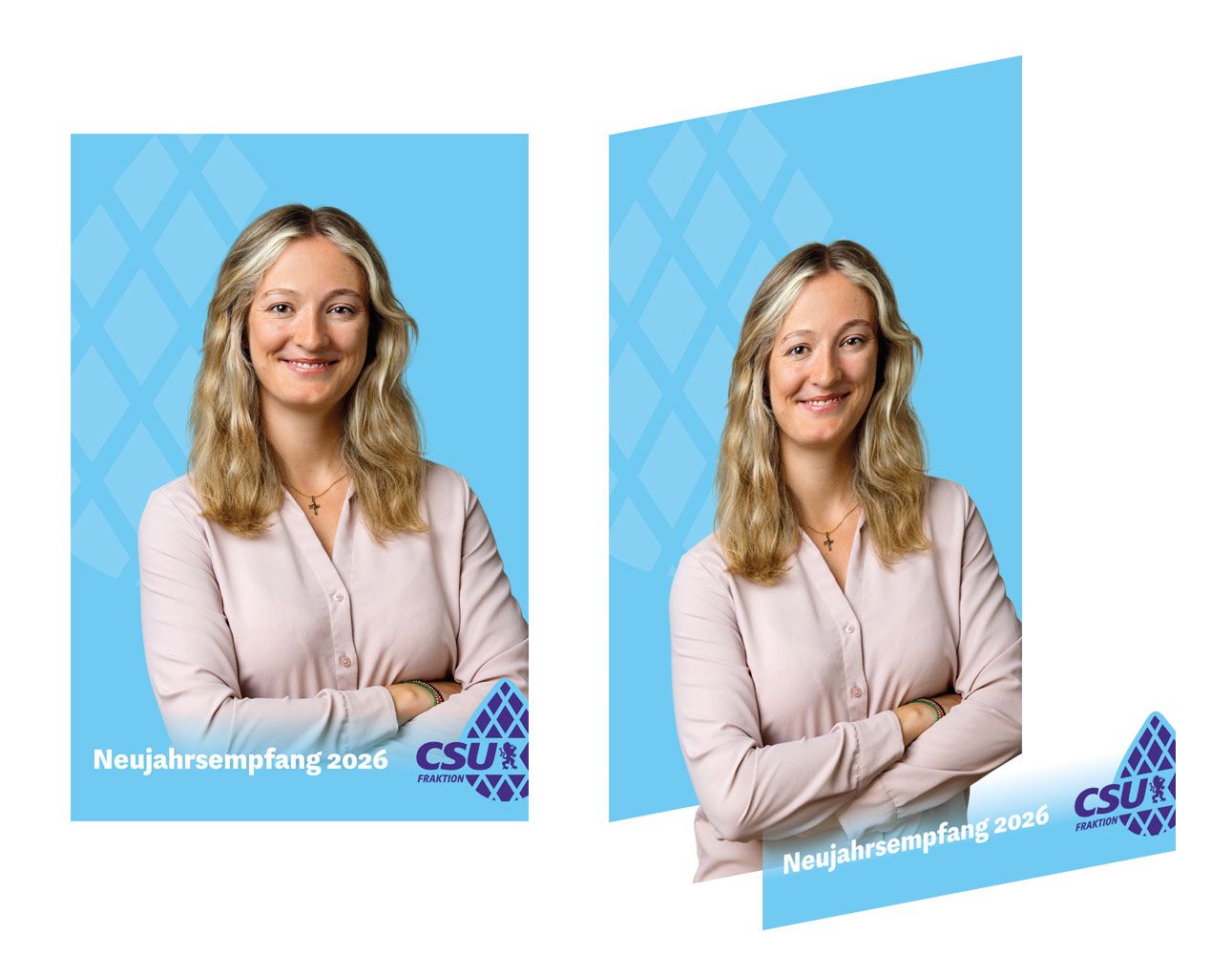 Two professional headshots of a blonde woman in a pink blouse for CSU Neujahrsempfang 2026 event.