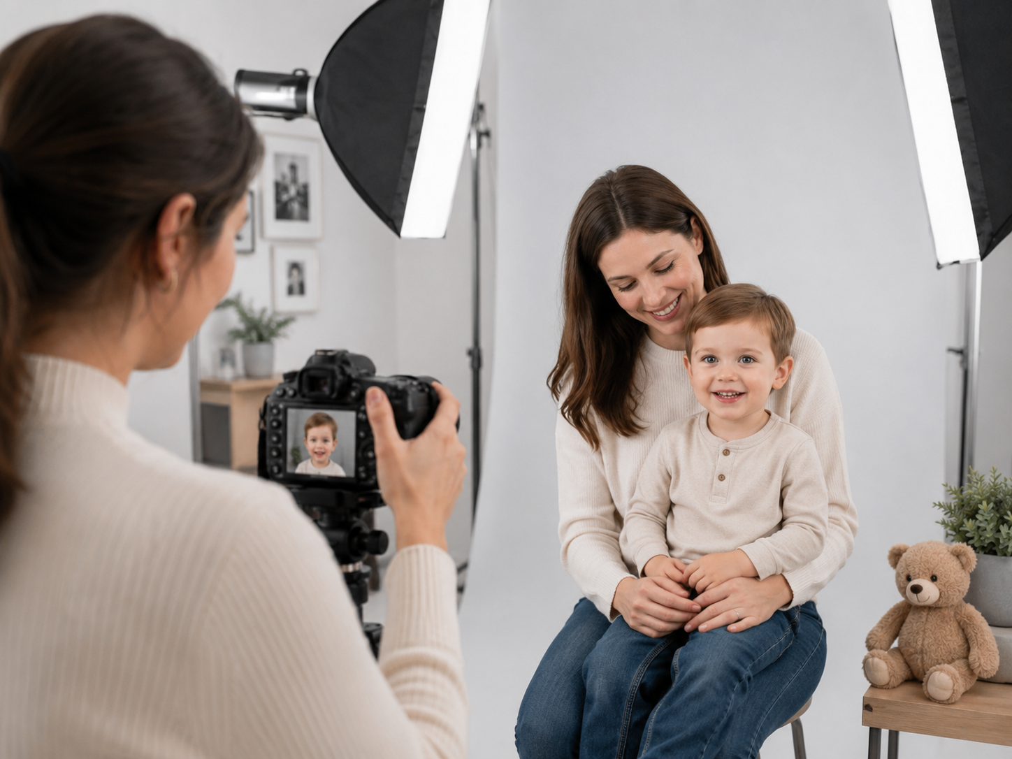 Professional photographer capturing a portrait of a smiling mother and toddler boy in a photography studio.