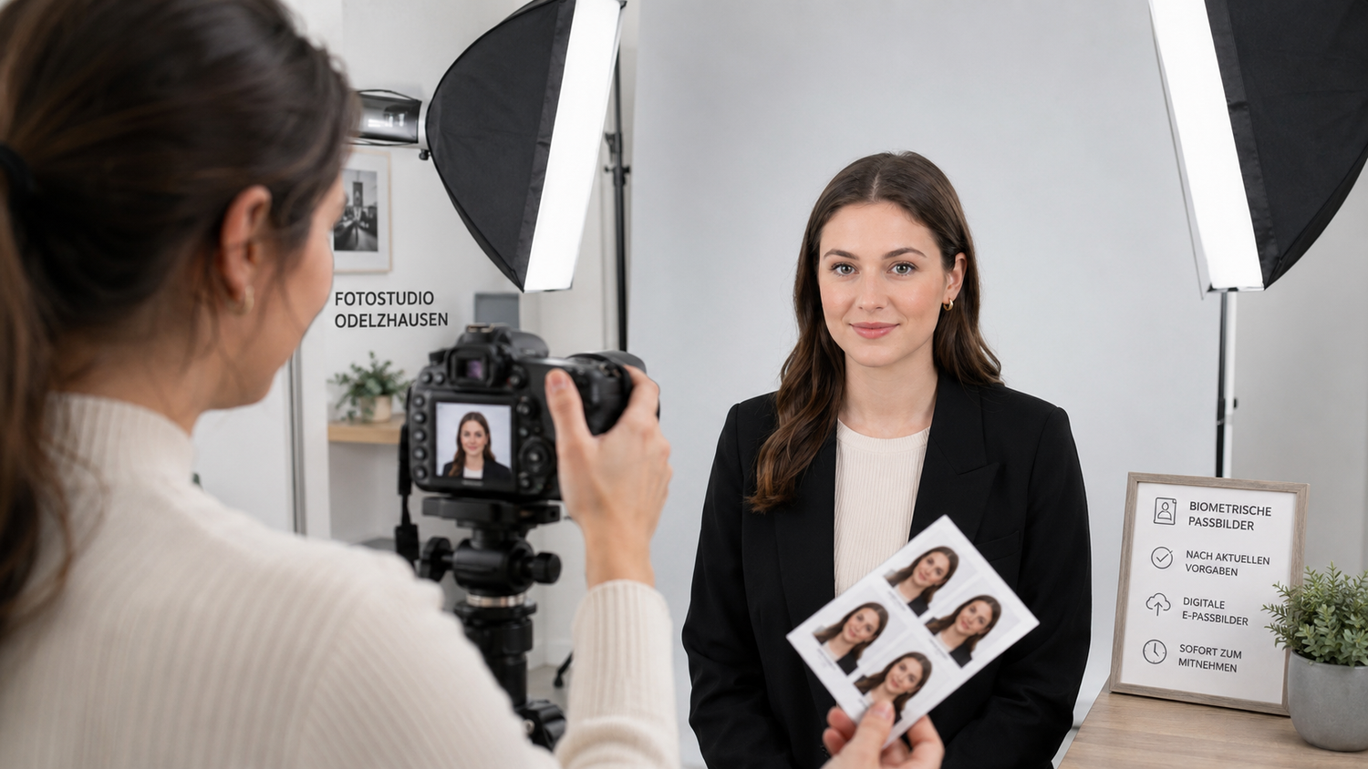 A photographer takes professional passport photos of a smiling woman in a studio with softbox lighting.