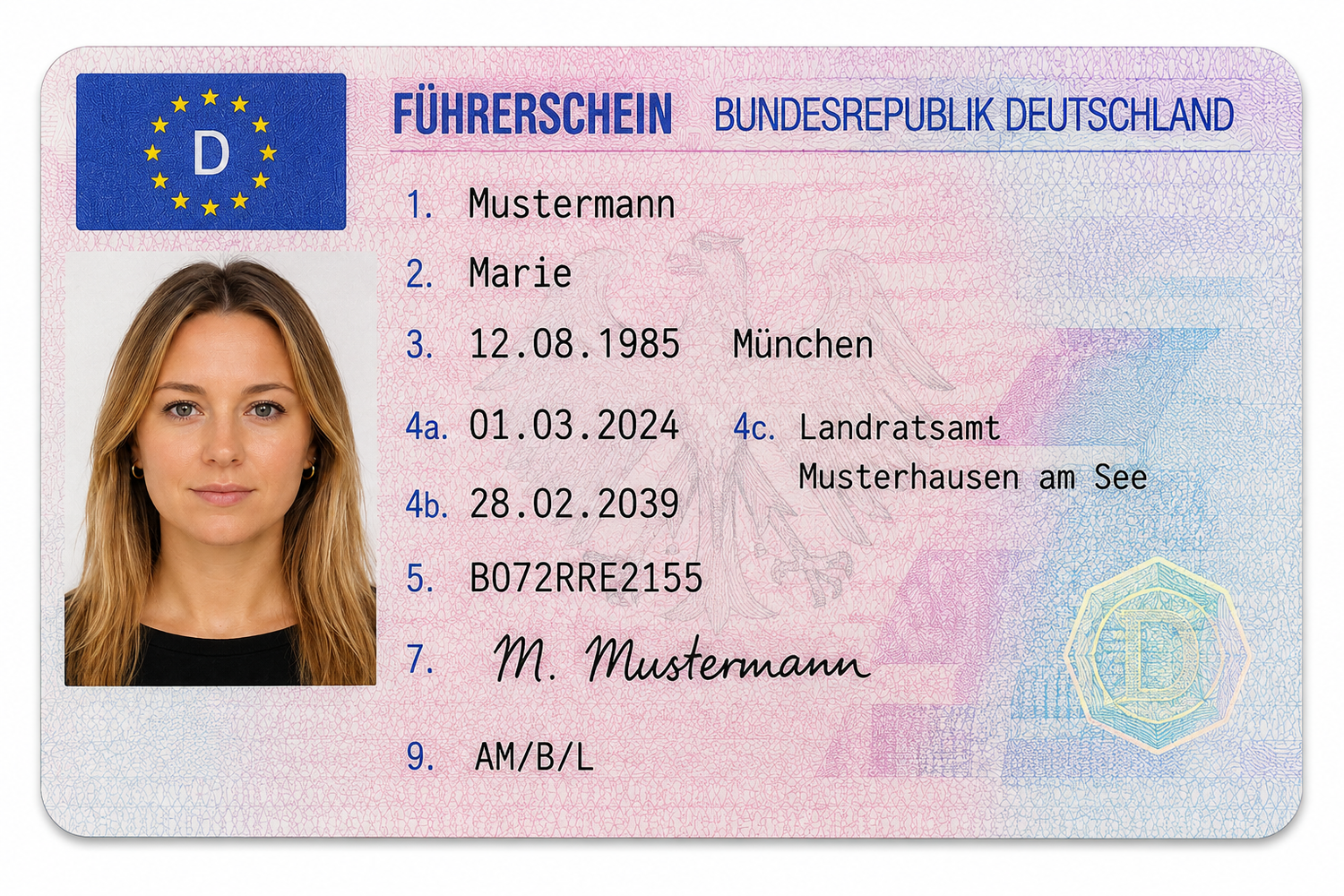 German Führerschein driver's license from Bundesrepublik Deutschland featuring a photo ID with personal details and categories.