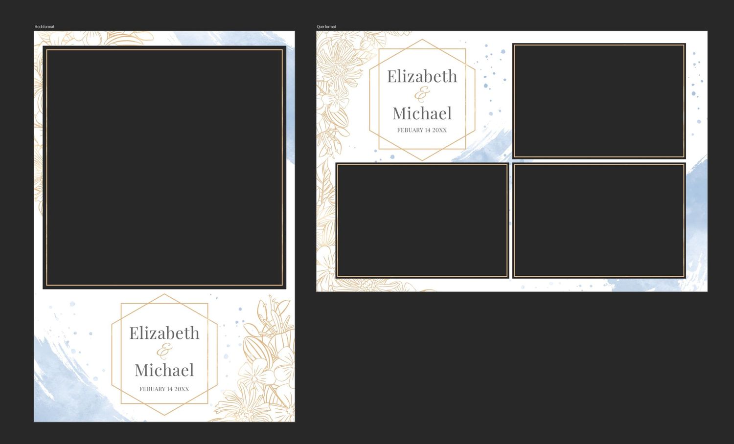 Elegant wedding photo booth templates with gold floral accents featuring Elizabeth and Michael names on blue watercolor background.