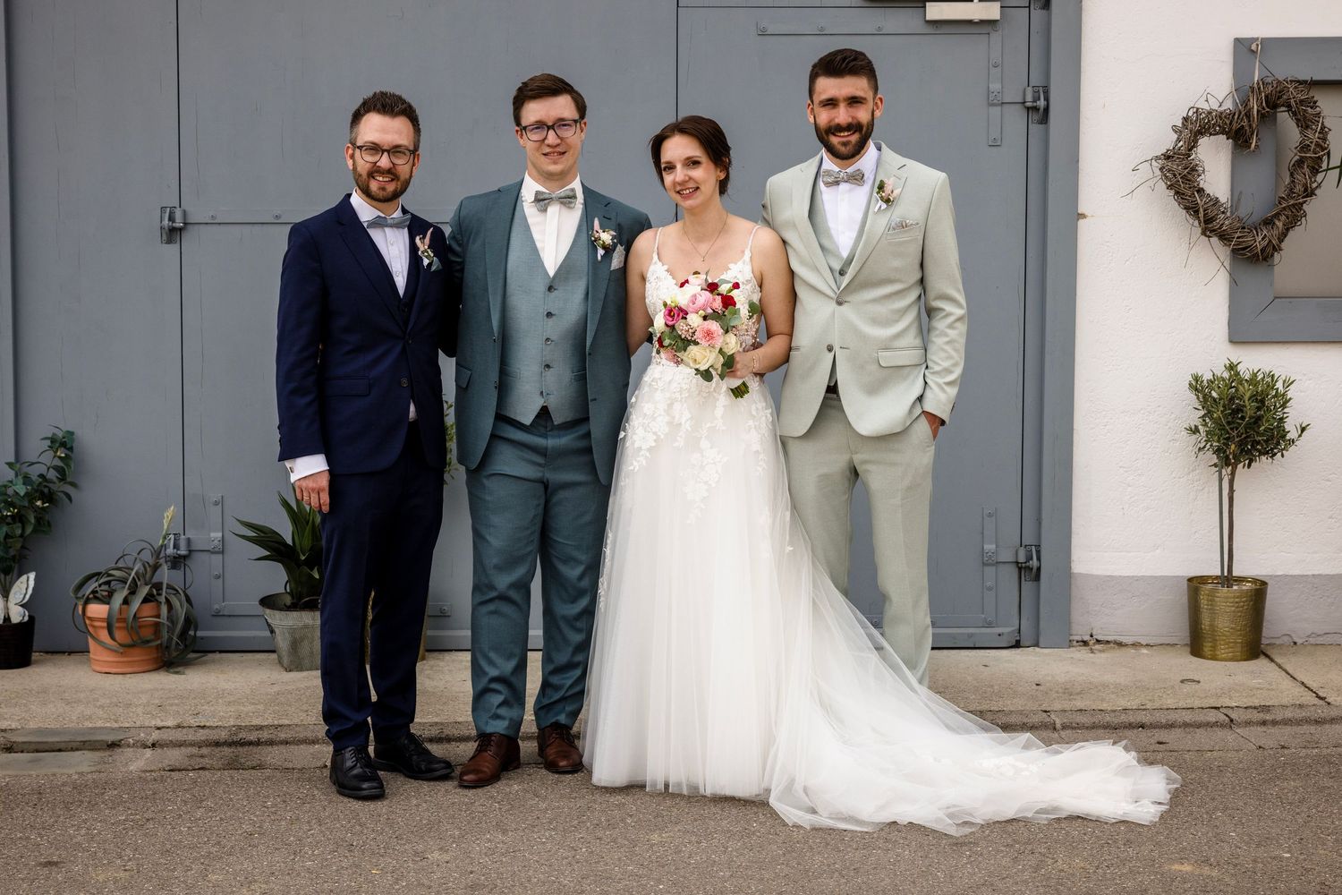 A collection of wedding party photos showing couples and groups posing together in formal attire.