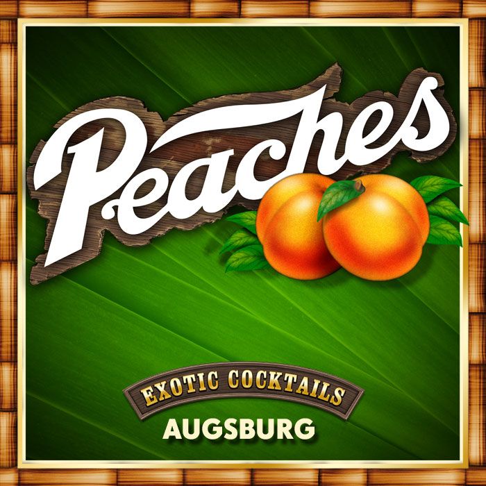 Peaches Exotic Cocktails bar logo in Augsburg, featuring tropical green leaves and fresh peaches on a wooden background.