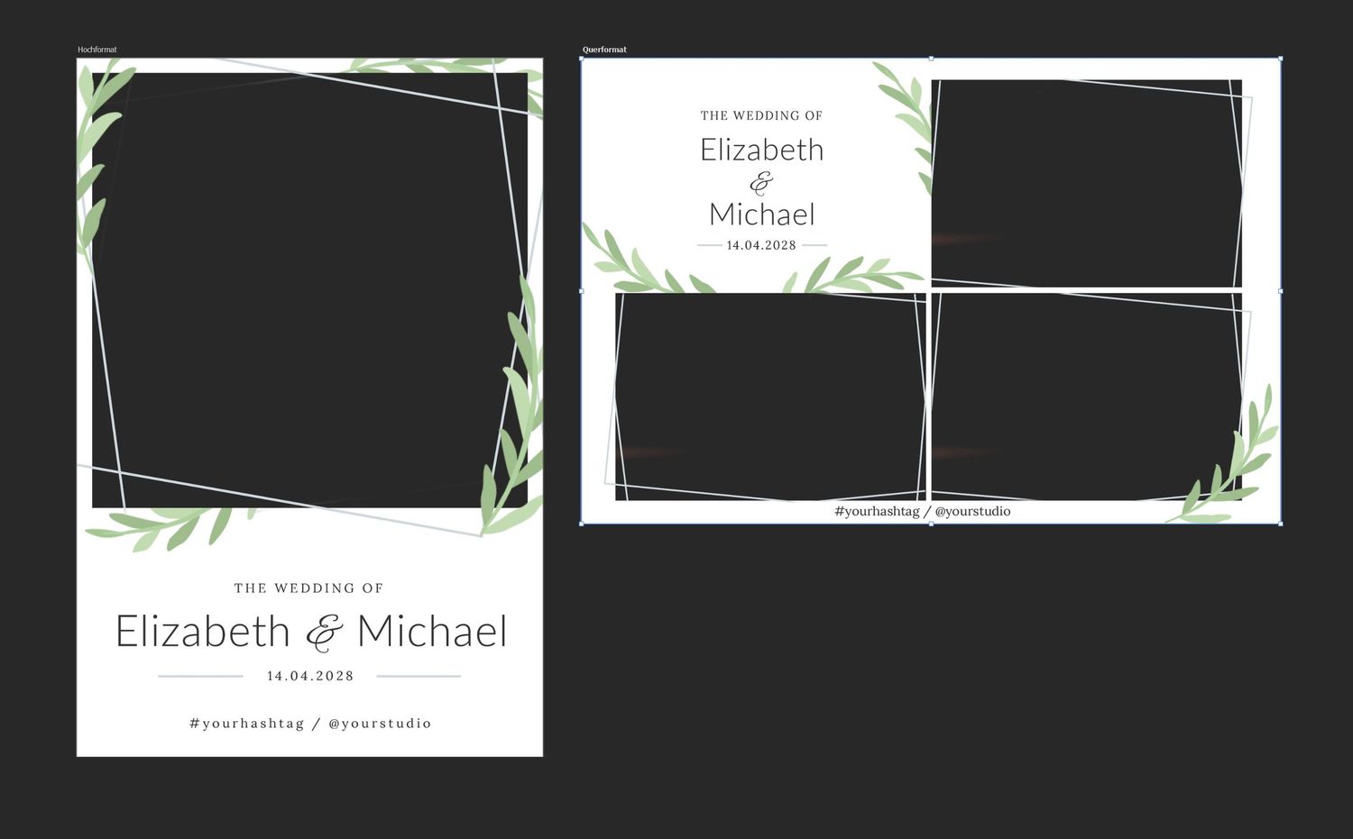 Elegant wedding photo booth template for Elizabeth & Michael featuring botanical greenery border and geometric frame design.