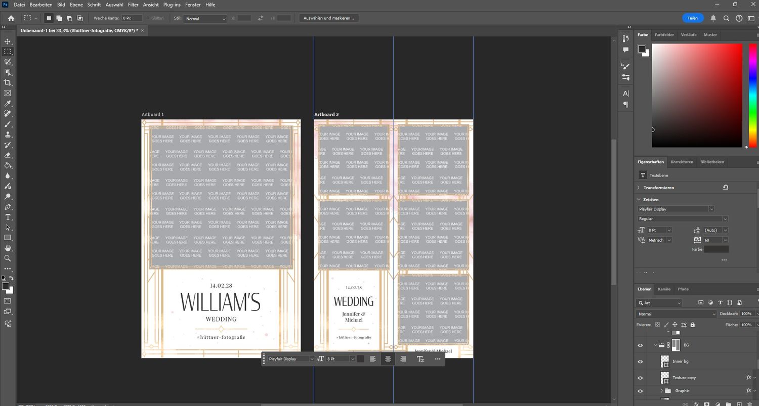 Adobe Photoshop workspace displaying a wedding photo booth strip template design with elegant gray brick pattern.