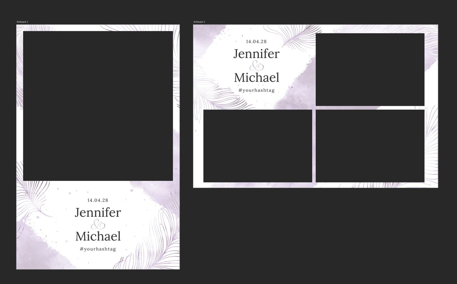 Elegant wedding photo booth template with purple watercolor accents featuring Jennifer and Michael name cards.