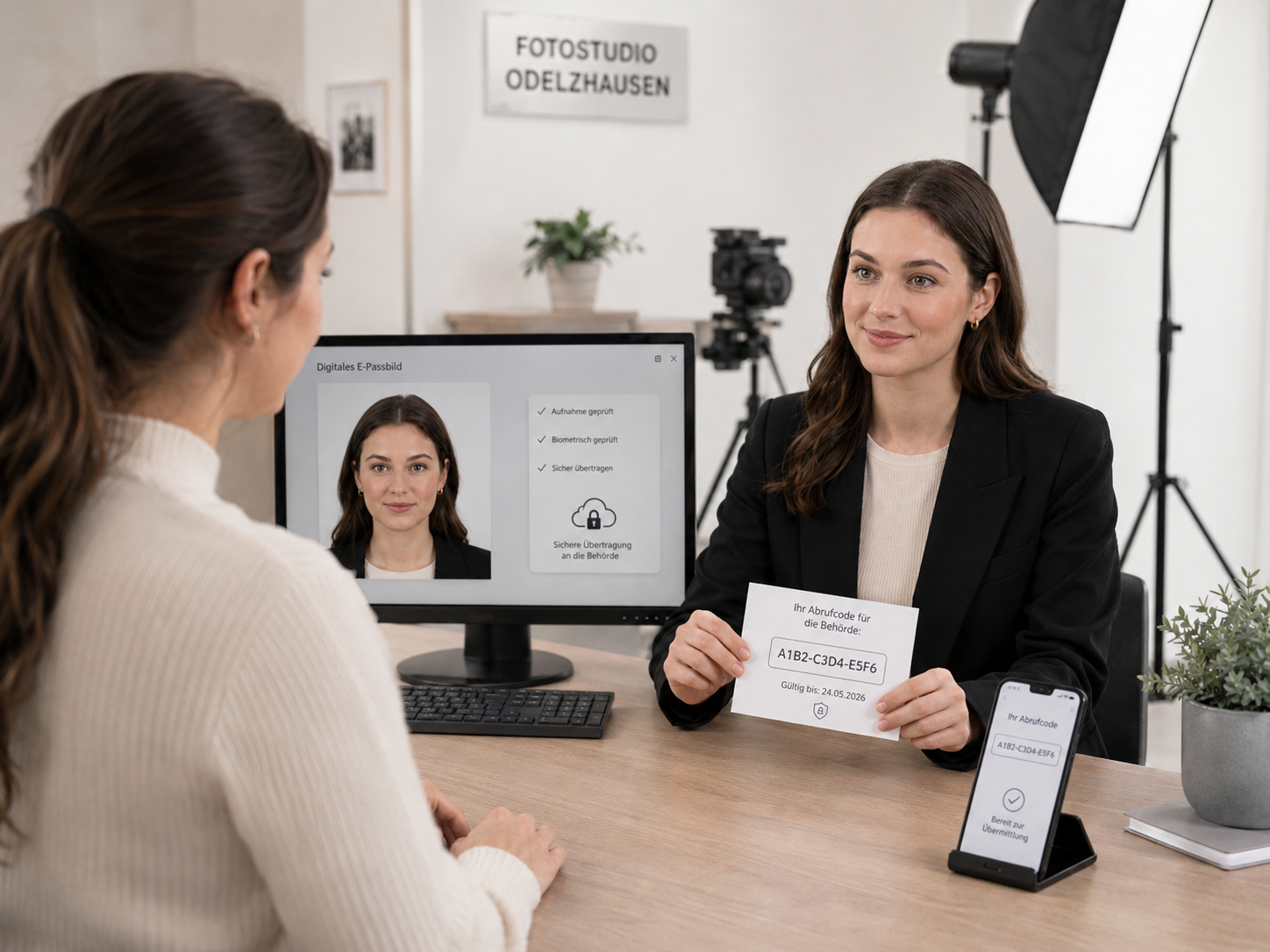 Professional photo studio session with photographer showing passport photos to female client at modern desk with studio lighting.