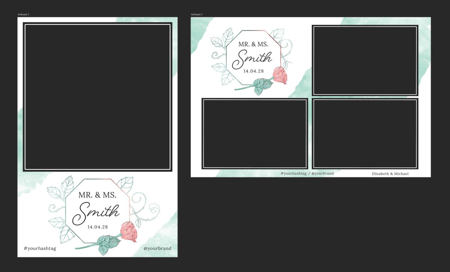 Elegant wedding photo booth template with floral design featuring Mr. & Mrs. Smith text and multiple photo frame layouts.