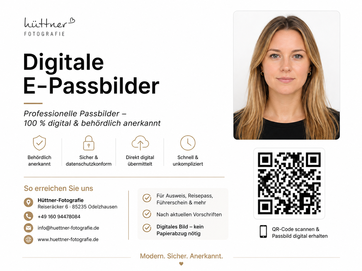 Flyer for digital passport photos service by Hüttner Fotografie, featuring a woman\u2019s headshot and QR code.