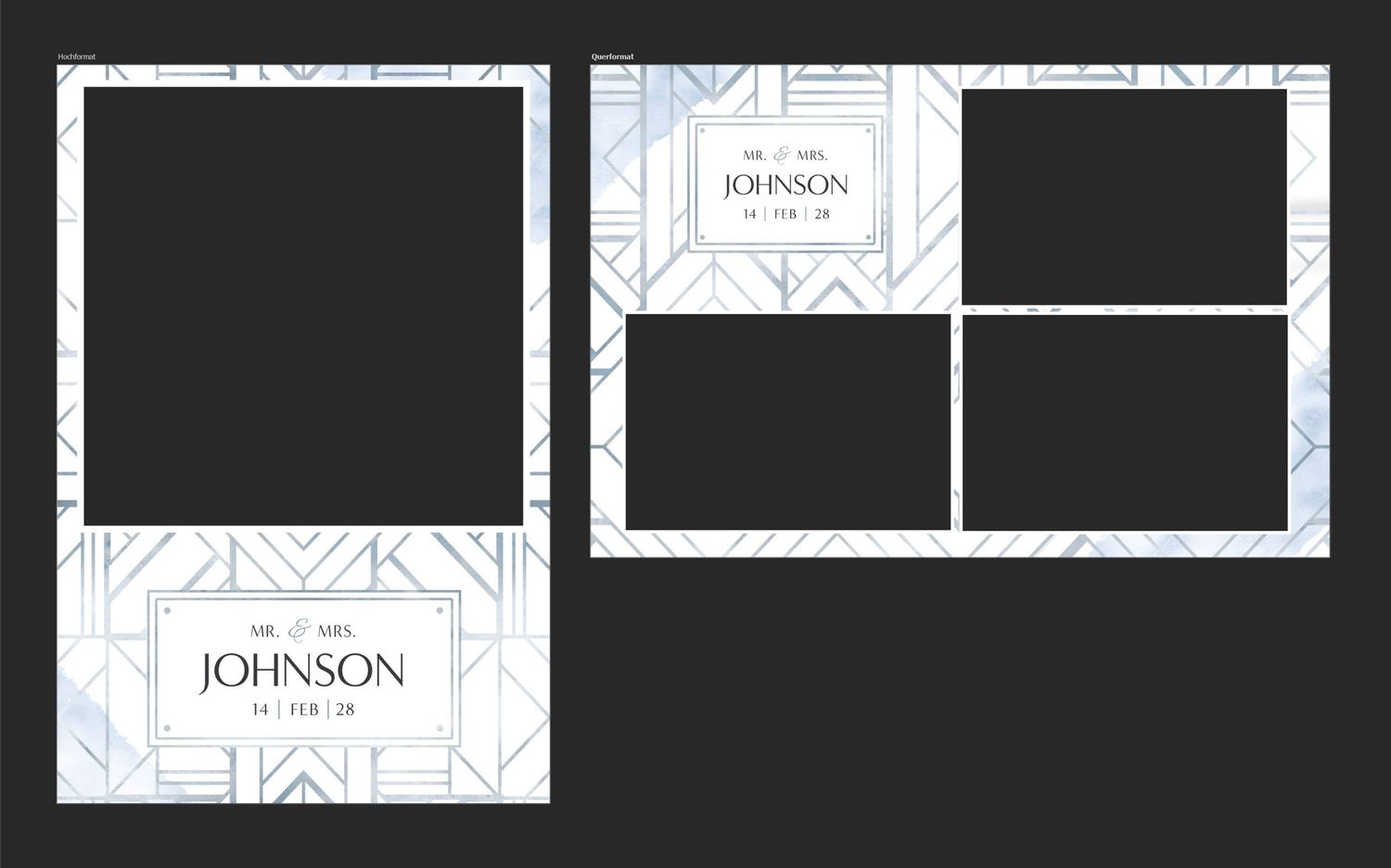 Art deco wedding photo booth template with geometric patterns featuring Johnson name design in elegant blue and white.