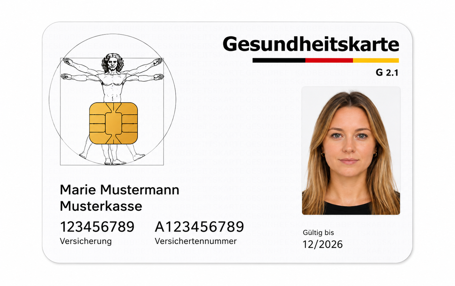 German Gesundheitskarte health insurance card G2.1 showing patient Marie Mustermann with photo, chip, and expiry 12/2026.
